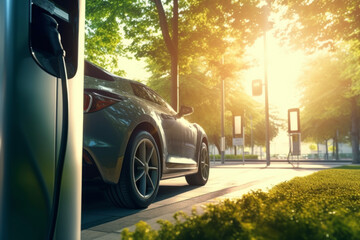 Close-up of EV car or electric car charging from a charger installed in a park. Background with beautiful green trees and shining sunlight. Environmental concept of energy saving and mobility. - obrazy, fototapety, plakaty