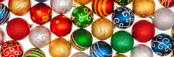 Fototapeta na wymiar many christmas tree balls in panoramic set