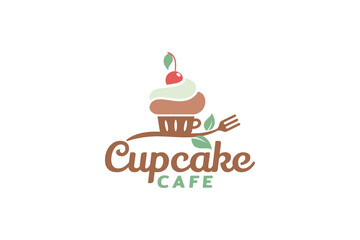 Cupcake logo with a combination of a cupcake, cup, plant and fork which is suitable for bakeries, cafes, restaurants.