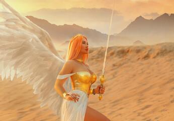 Fantasy woman angel warrior with white wings, creative costume warlike sexy girl goddess. golden...