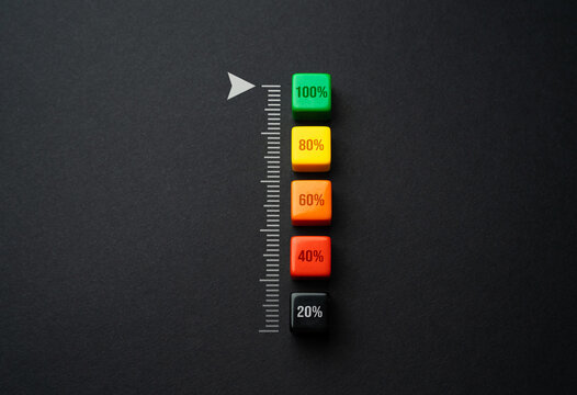 Progress scale from 0 to 100 percent. Evaluation of the quality of services and satisfaction. Make an assessment. Reach the highest level. Completion of the mission task. Max rate. Maximum efficiency.