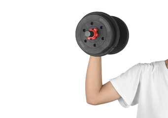 female muscular arm raising a dumbbell. hand holding dumbbell on white background. woman in sports with dumbbells. Strong hand lift a weight, dumbbells.