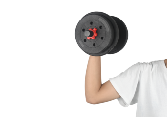 female muscular arm raising a dumbbell. hand holding dumbbell on white background. woman in sports with dumbbells. Strong hand lift a weight, dumbbells.