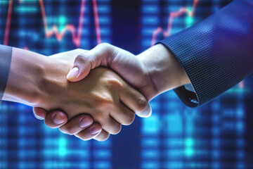 Business partners shaking hands with background monitor showing stock chart, People Connection, Deal, Partnership Concept