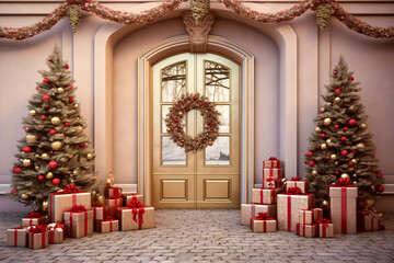 Colored Presents and Holly Arch For Christmas. Fairy Door and Colored Presents. Colorful Red And Gold Background For Xmas Holidays. Generative AI