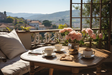 Fototapeta premium Bright terrace for a place to relax and drink coffee on the edge of a highland village, Comfortable place for meetings and speaking discussions