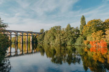 Railway Bridge with river in Bietigheim-Bissingen, Germany. Autumn. Railway viaduct over the Enz...