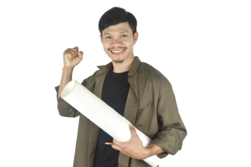 Portrait of architect builder showing yes, success in work, serious civil engineer working with documents on construction site. Man construction engineer. Construction concept.