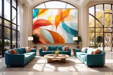 Fototapeta premium Livingroom or business lounge with abstract wall art, Luxury interior design reception room