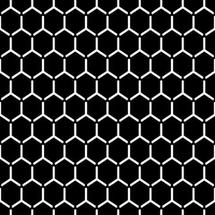 Repeated black interlocking regular hexagons tessellation background. Seamless surface pattern design with bee combs. Hexagonal grid motif. Honeycomb wallpaper. White three pronged blocks. Vector art.
