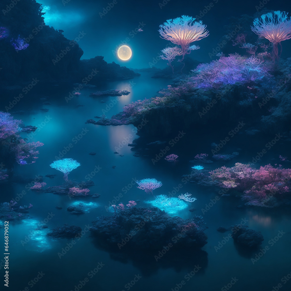Poster craft a surreal natural scene with floating islands and bioluminescent flora - ai generative
