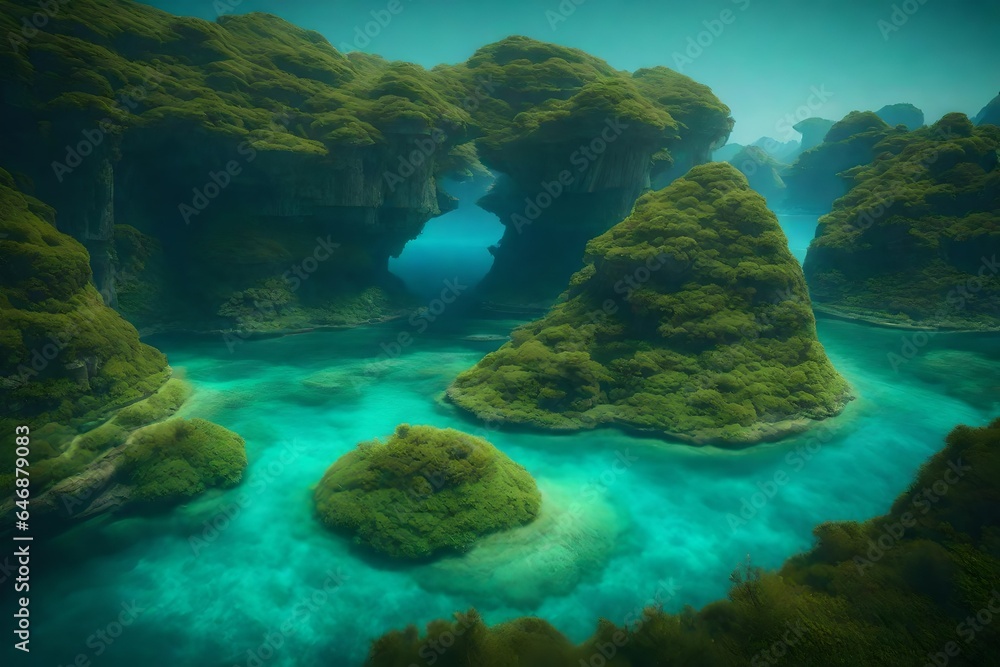 Poster craft a surreal natural scene with floating islands and bioluminescent flora - ai generative