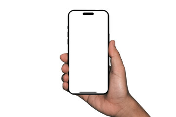 Smartphone similar to iphone 14 with blank white screen for Infographic Global Business Marketing Plan, mockup model similar to iPhone 15 isolated Background of digital investment economy - obrazy, fototapety, plakaty