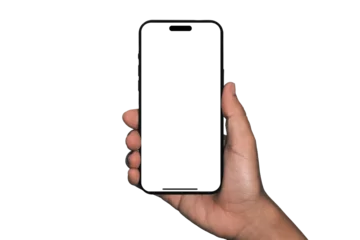 Foto op Plexiglas Smartphone similar to iphone 14 with blank white screen for Infographic Global Business Marketing Plan, mockup model similar to iPhone 15 isolated Background of digital investment economy © suriyapong