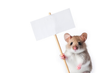 Mouse holding a blank banner like a protester. Social issues concept. Generative AI