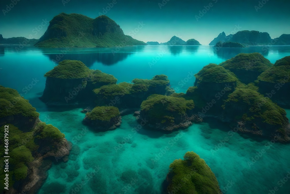 Poster craft a surreal natural scene with floating islands and bioluminescent flora - ai generative