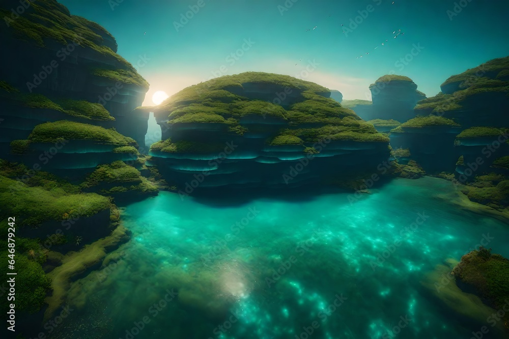 Poster craft a surreal natural scene with floating islands and bioluminescent flora - ai generative