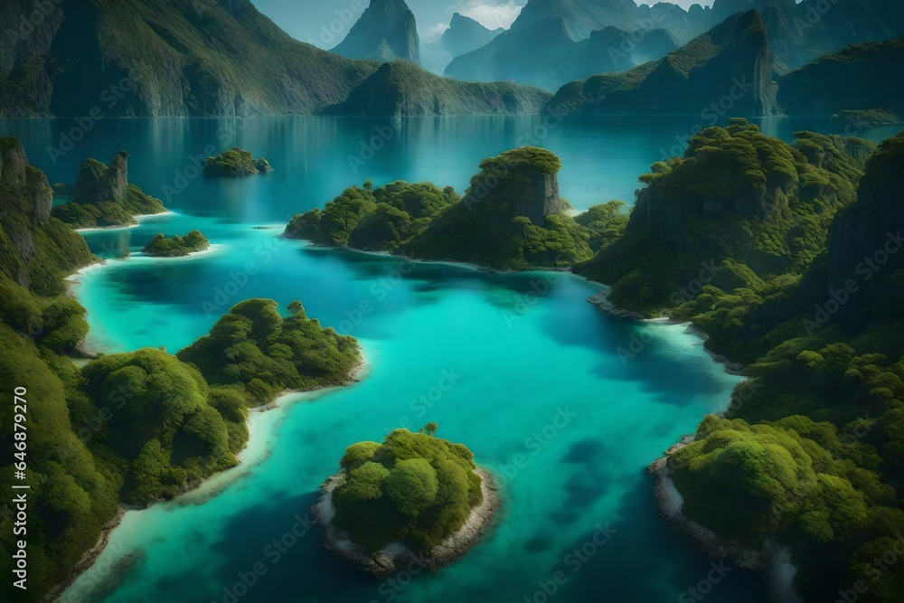 Poster craft a surreal natural scene with floating islands and bioluminescent flora - ai generative