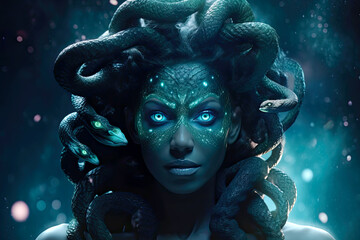 Head of Medusa with Snakes. Generative AI, non-existent person.	