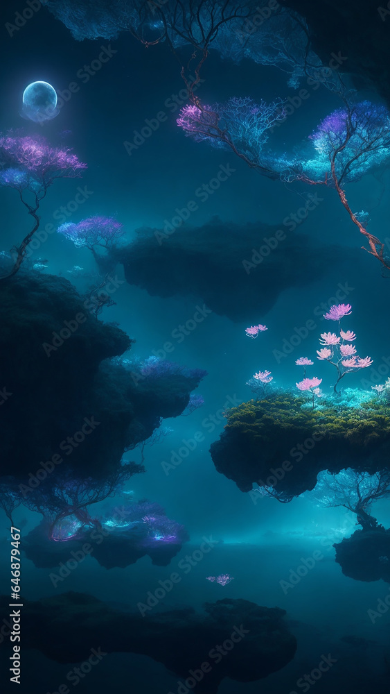 Poster craft a surreal natural scene with floating islands and bioluminescent flora - ai generative