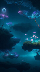 Craft a surreal natural scene with floating islands and bioluminescent flora - AI Generative