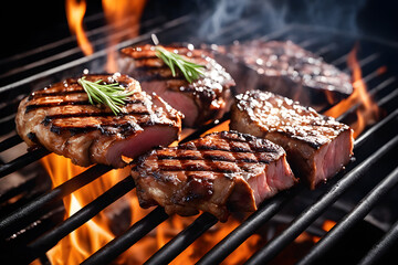 Close up view on a Barbeque grill with delicious grilled meat and vegetables - 646879612