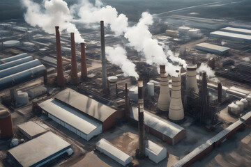 Aerial view of the exterior of a bustling industrial facility with smokestacks and machinery