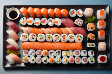 A beautifully arranged sushi platter with a variety of a fresh colorful nigiri and maki rolls