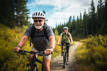 A happy elderly couple cycling together on a scenic forest trail, social and active pursuits