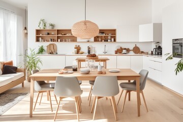 Interior of a cozy dining room with kitchen in Scandinavian style, wooden chairs and table, soft lighting, elegant and understated decor