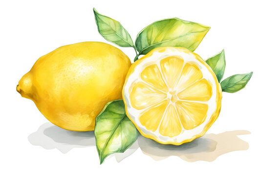 Illustration of fresh lemons with leaves, whole and sliced, on a white background, painted in watercolor, light color, pastel