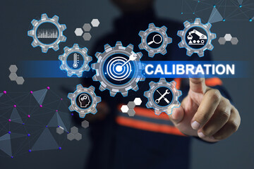 Engineer or lab staff pointing on instrument calibration must be do least once a year in order to control the accuracy of measurement error within the range specified by standard. ISO 17025 concept. - obrazy, fototapety, plakaty