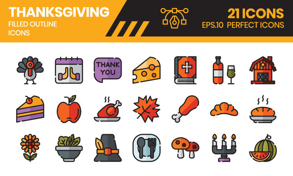 Thanksgiving (filled outline) icons set. The element collection includes be used in social media posts, web design, app design, and more.