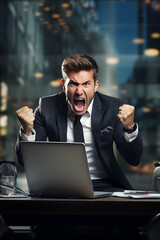 Angry businessman working on laptop