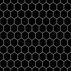 Repeated black polygons on white background. Honeycomb wallpaper. Seamless surface pattern design with regular hexagons. Grill motif. Digital paper for page fills, web designing, textile print. Vector