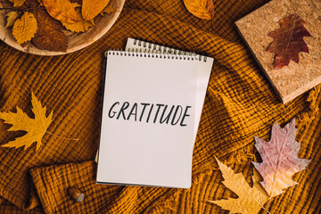 How to Practice Gratitude. Writing Autumn fall gratitude journal. Open paper notebook pages with Text gratitude and fall leaves brown bed. Notice appreciate good things, Express gratitude to yourself.