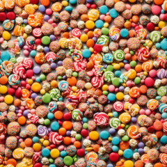 Fototapeta na wymiar Colorful Mixed collection Top view. assortment assorted sweet candy different colored round, Close up background. Many jelly donuts candies gummy. 