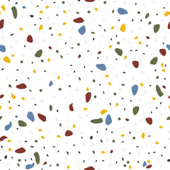 Vintage mosaic fragment with colored chaotic concrete pieces. Venetian terrazzo seamless concept. Creative surface pattern isolated on white. Italian tile design hand drawn flat vector illustration