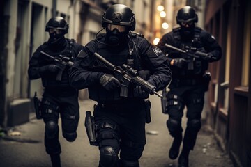 Special force police officers chasing a criminal - stock photography