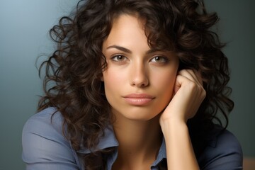 Fototapeta premium Pretty woman A focused and strong hand-on-chin pose - stock photography