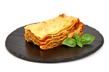 Lasagna, Traditional homemade Italian dish, isolated on white background.