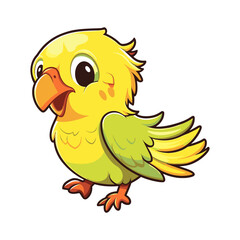 Happy cute yellow parrot isolated sticker, topical bird.