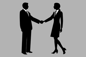 Fototapeta premium Silhouettes of businessman and businesswoman shaking hands over business deal and agreement. Flat design vector illustration with white background