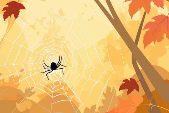 Spider on spiderweb on colorful autumn trees in forest. Fall leaf from tree, autumnal garden, fall season gold leaves, forest landscape.