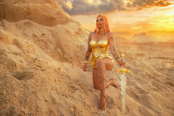 Fantasy woman warrior creative costume warlike sexy girl goddess. golden armor metal corset, white...