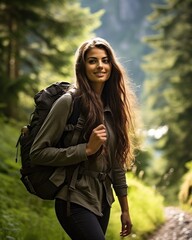 Nature Hike Model on a scenic hiking trail - stock photography