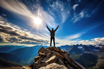 Mountain Peak Triumph Model reaching a mountain summit - stock photography