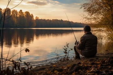 Fishing by the Lake Model with a fishing rod - stock photography