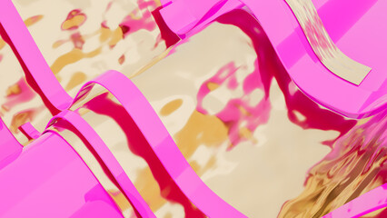 3d Abstract pink and golden background. Ribbons or lines. 3d rendering