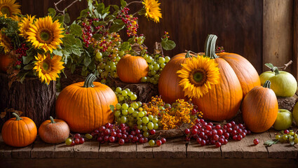 Pumpkin, grapes, sunflower flower on old background